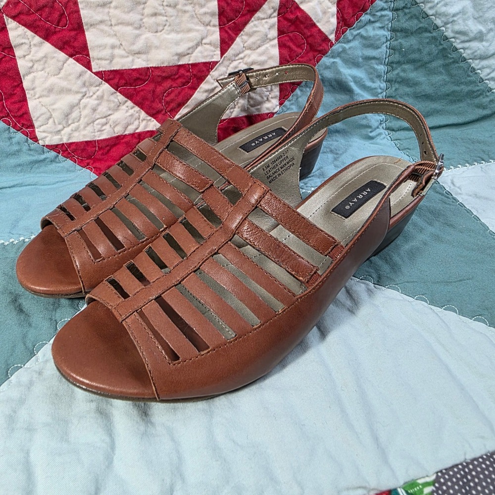 Array Brown Leather Strappy Slingback Wedge Sandals Size 8.5M SCUFF ON HEEL